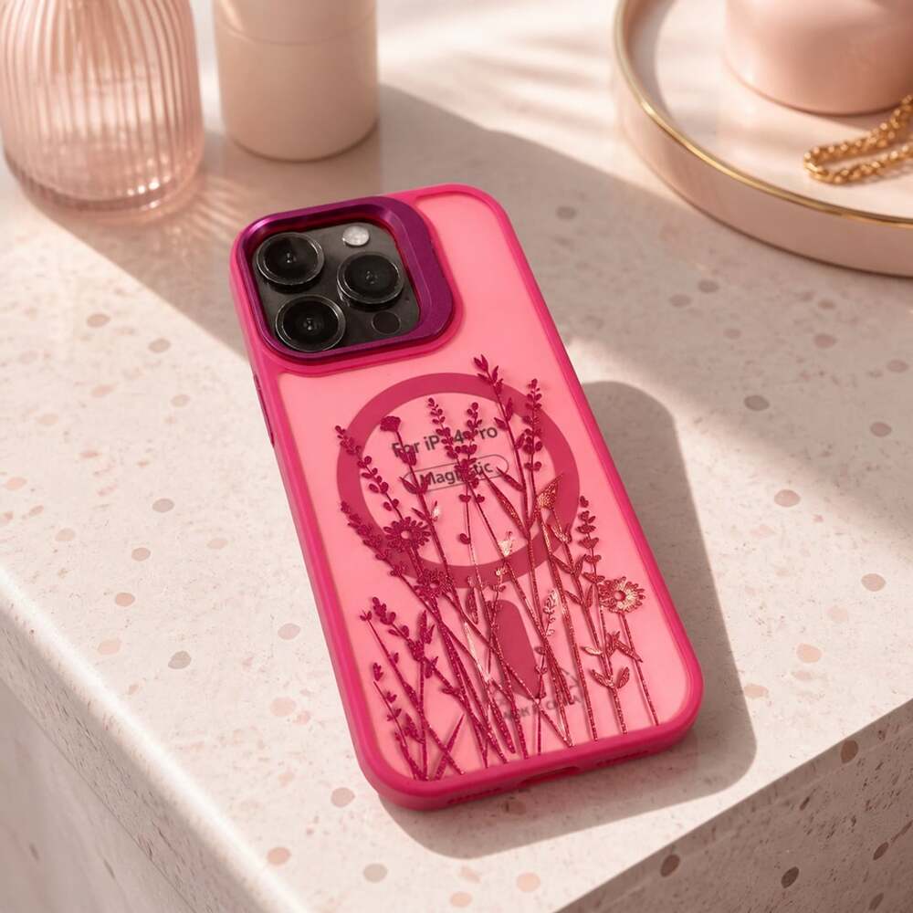 TQLGY Pink Floral Magnetic Phone Case with Wave Bumper for iPhone 15 Pro